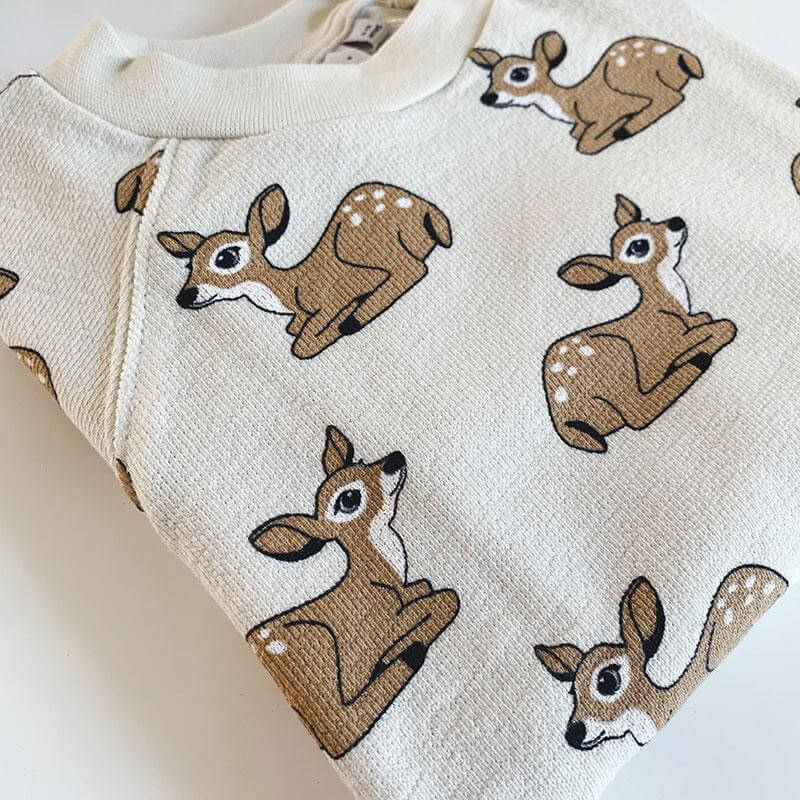 Neutral/beige baby sweatshirt/top, deer/fawn print, organic terry cotton, 0-6 years | Tobias & the Bear official, organic, eco-friendly, unisex baby & kidswear