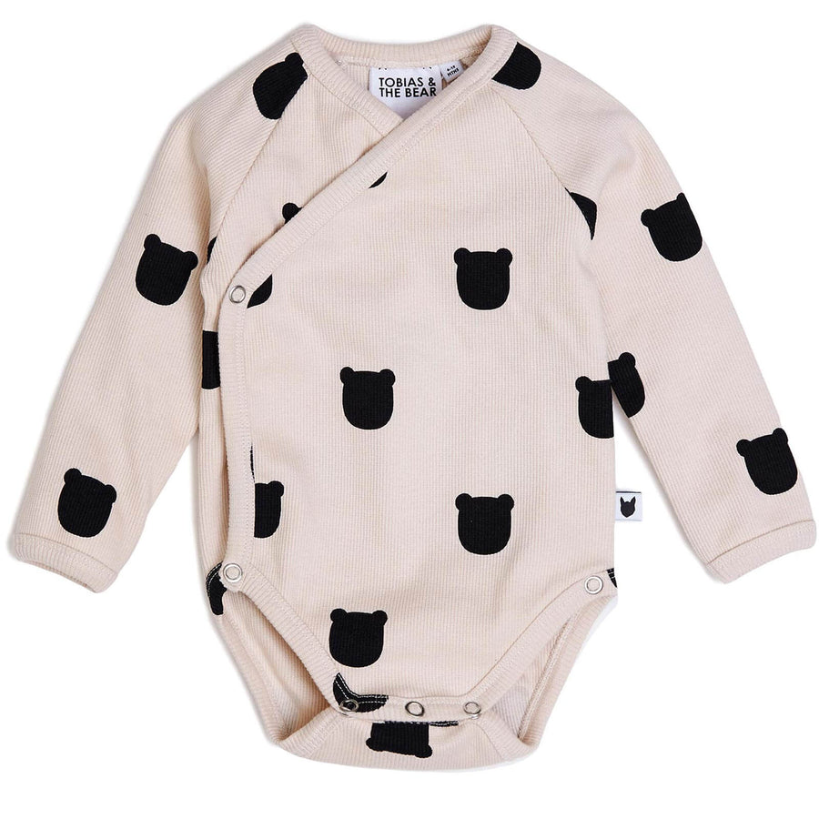 Blush pink, bear print baby kimono/bodysuit, organic ribbed cotton, 0-2 years | Tobias & the Bear official, organic, eco-friendly, unisex baby & kidswear