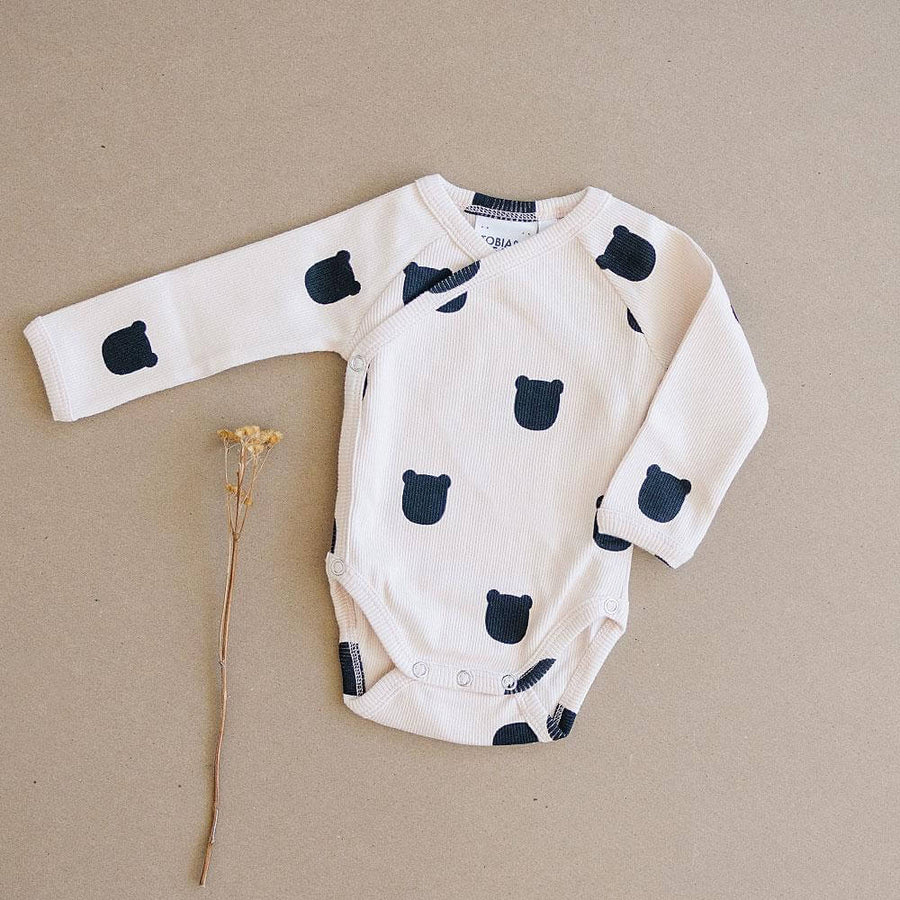 Blush pink, bear print baby kimono/bodysuit, organic ribbed cotton, 0-2 years | Tobias & the Bear official, organic, eco-friendly, unisex baby & kidswear