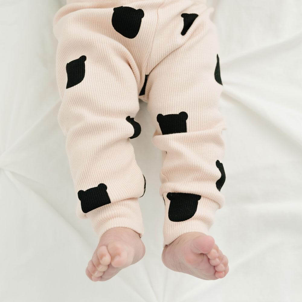 Blush pink, bear print baby leggings, organic ribbed cotton, 0-6 years | Tobias & the Bear official, organic, eco-friendly, unisex baby & kidswear