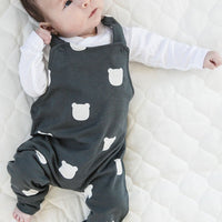 Monochrome/grey baby dungarees, bear print, organic cotton, 0-2 years | Tobias & the Bear official, organic, eco-friendly, unisex baby & kidswear