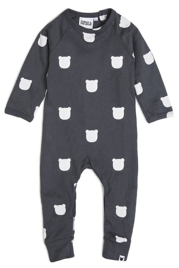 Monochrome/grey baby romper/all-in-one, bear print, organic cotton, 0-2 years | Tobias & the Bear official, organic, eco-friendly, unisex baby & kidswear