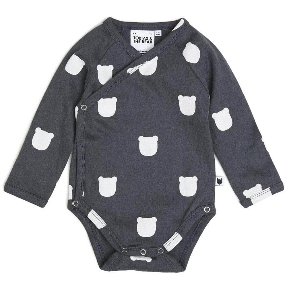 Monochrome/grey baby kimono/bodysuit, bear print, organic cotton, 0-2 years | Tobias & the Bear official, organic, eco-friendly, unisex baby & kidswear