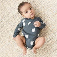 Monochrome/grey baby kimono/bodysuit, bear print, organic cotton, 0-2 years | Tobias & the Bear official, organic, eco-friendly, unisex baby & kidswear