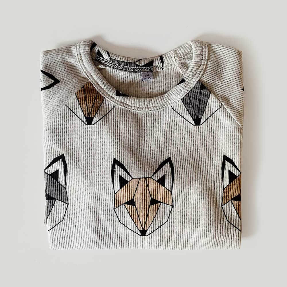 Neutral/beige baby top, fox print, organic ribbed cotton, 0-6 years | Tobias & the Bear, organic, eco-friendly, unisex baby & kidswear