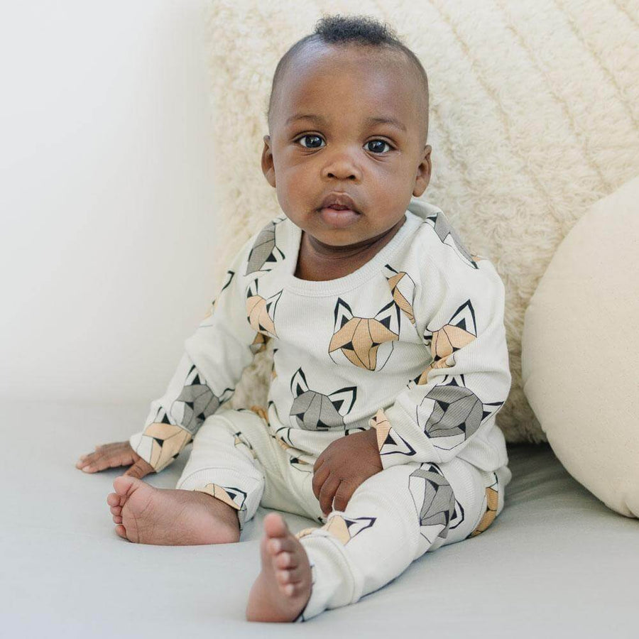 Neutral/beige baby top, fox print, organic ribbed cotton, 0-6 years | Tobias & the Bear, organic, eco-friendly, unisex baby & kidswear