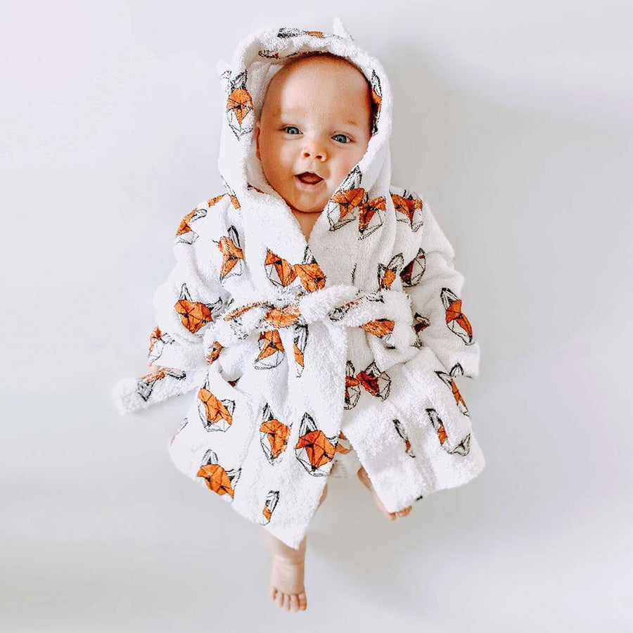 Fox print baby/kids dressing gown/bathrobe with fox print, organic towelling cotton, 0-6 years | Tobias & the Bear, organic, eco-friendly, unisex baby & kidswear