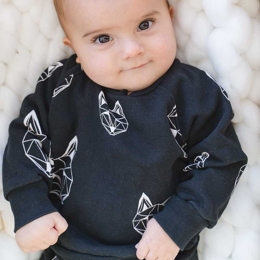 Black/monochrome baby sweatshirt, fox print, organic cotton | Tobias & the Bear official, unisex baby clothing