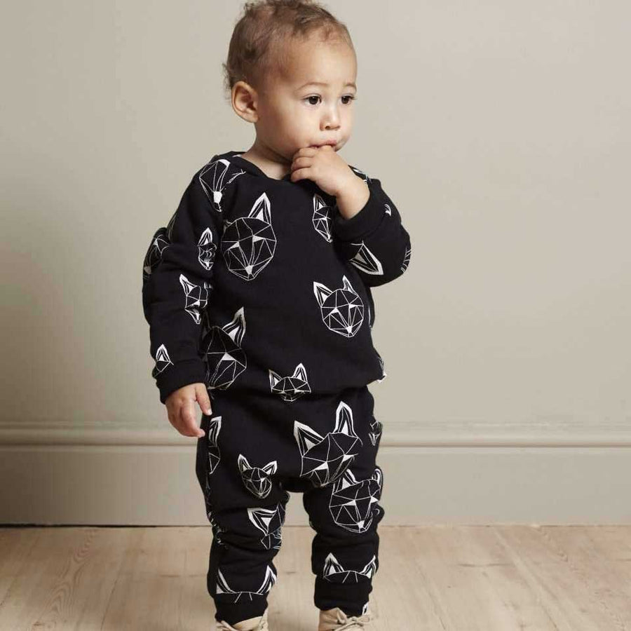 Black/monochrome baby joggers, fox print, organic cotton | Tobias & the Bear official, unisex baby clothing