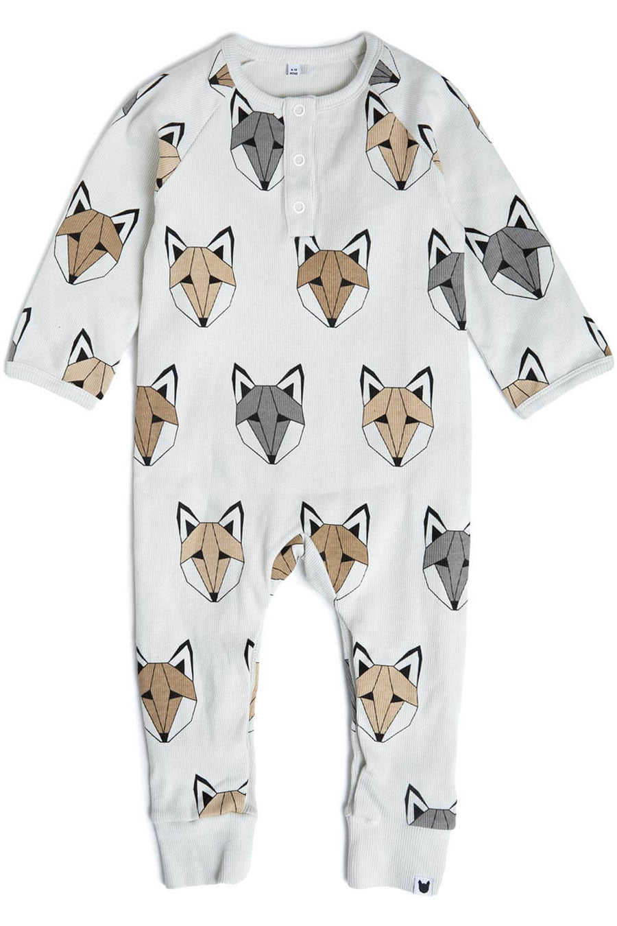 Neutral/beige baby romper/all-in-one, fox print, organic ribbed cotton, 0-2 years | Tobias & the Bear, organic, eco-friendly, unisex baby & kidswear