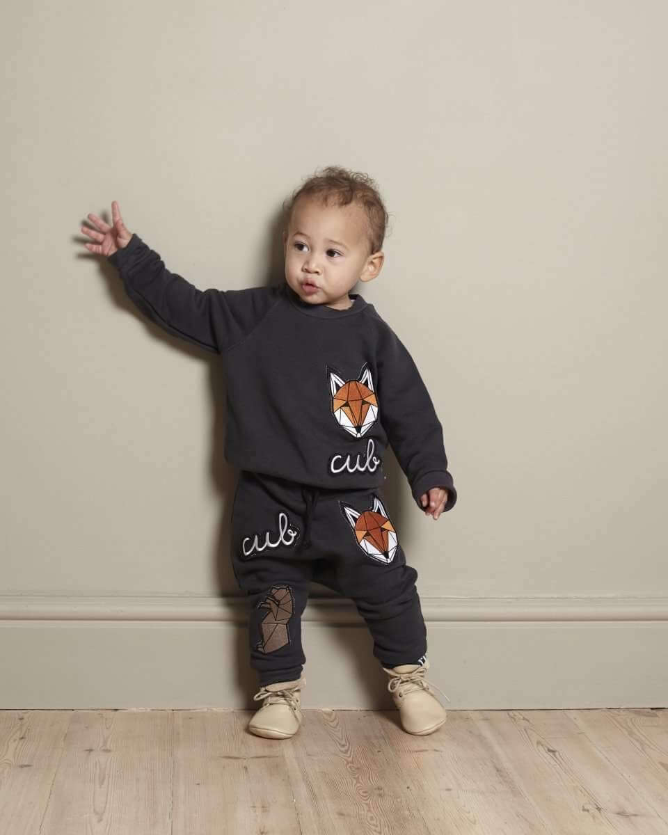 Grey baby/kids joggers with embroidered badges, fox print, organic cotton, 0-6 years | Tobias & the Bear, organic, eco-friendly, unisex baby & kidswear