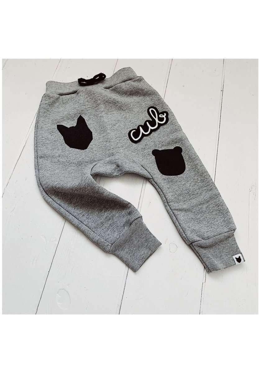 Grey marl baby/kids joggers with embroidered badges, fox print, organic cotton, 0-6 years | Tobias & the Bear, organic, eco-friendly, unisex baby & kidswear