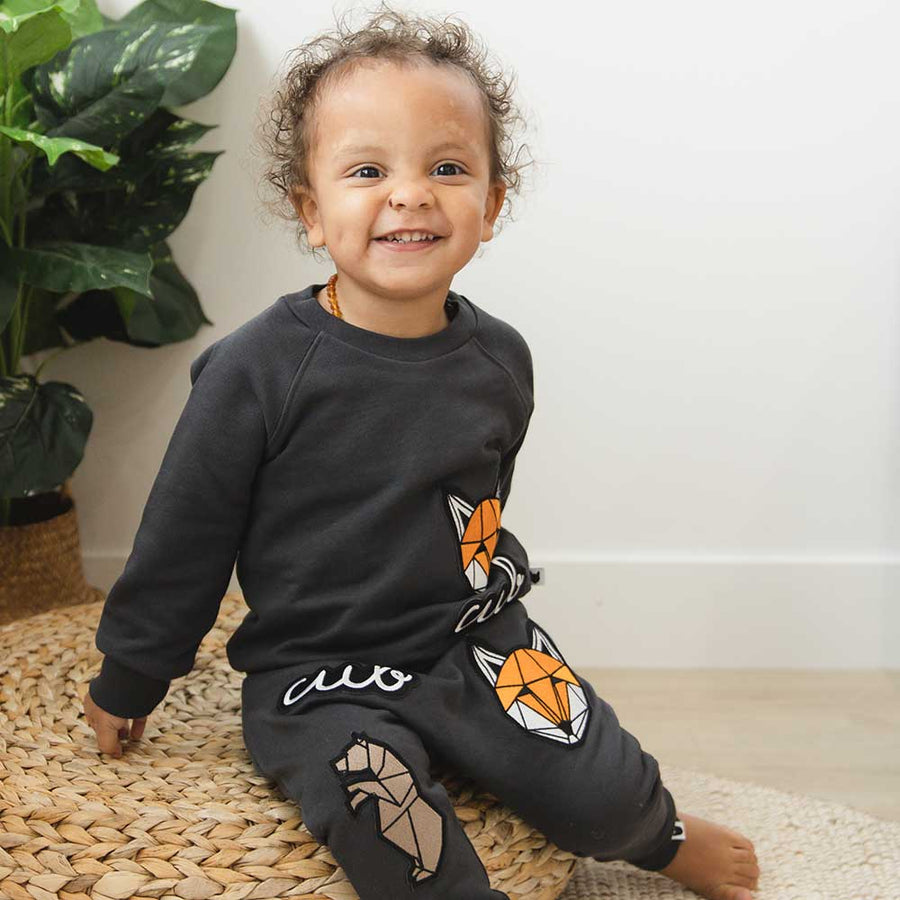 Grey baby/kids sweatshirt with embroidered badges, fox print, organic cotton, 0-6 years | Tobias & the Bear, organic, eco-friendly, unisex baby & kidswear