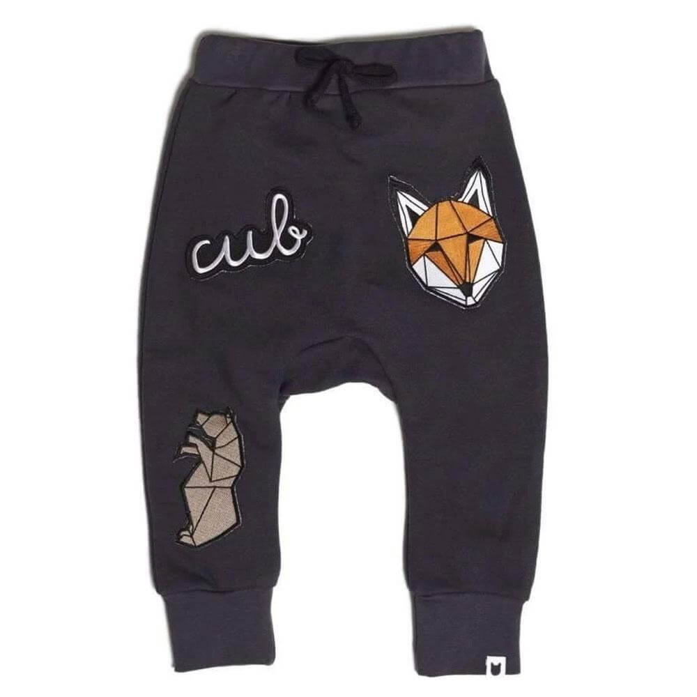 Grey baby/kids joggers with embroidered badges, fox print, organic cotton, 0-6 years | Tobias & the Bear, organic, eco-friendly, unisex baby & kidswear